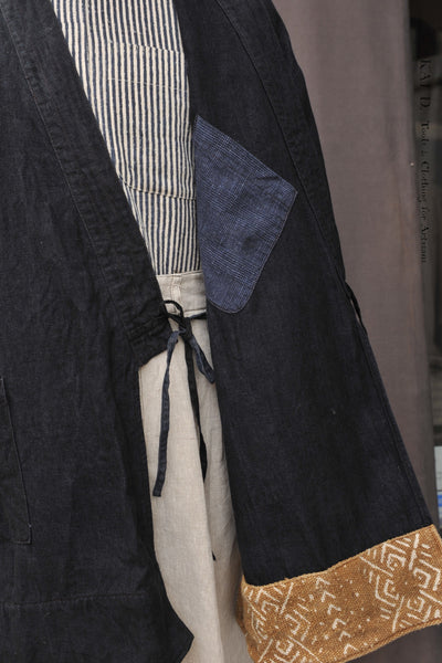 Washed linen Japanese Farmer Coat - Blue - M