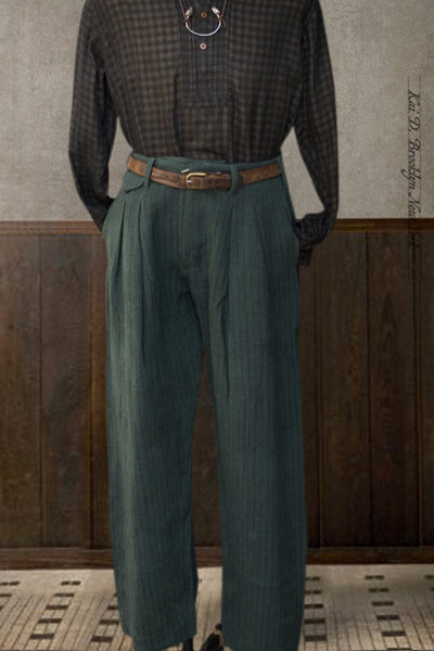 Wide Leg Pleated Pants -  Ticking Stripe - 4