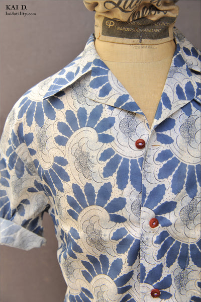 50s Short Sleeve Shirt - Japanese Stamps - L