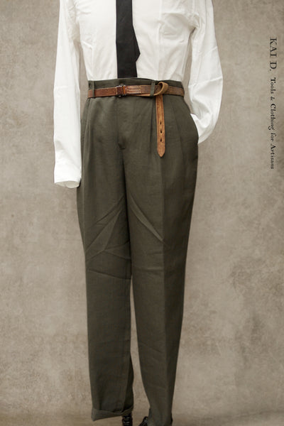 Double Pleat Belgian Linen Trousers - Arabica - 46, 48, 50