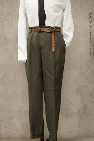 Double Pleat Belgian Linen Trousers - Arabica - 46, 48, 50