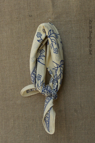 Block Print Cotton Bandana - Beige / Blue Floral