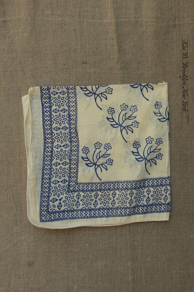Block Print Cotton Bandana - Beige / Blue Floral