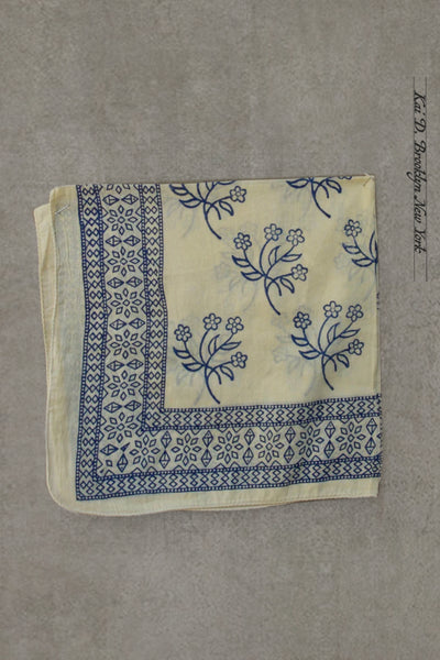 Block Print Cotton Bandana - Beige / Blue Floral