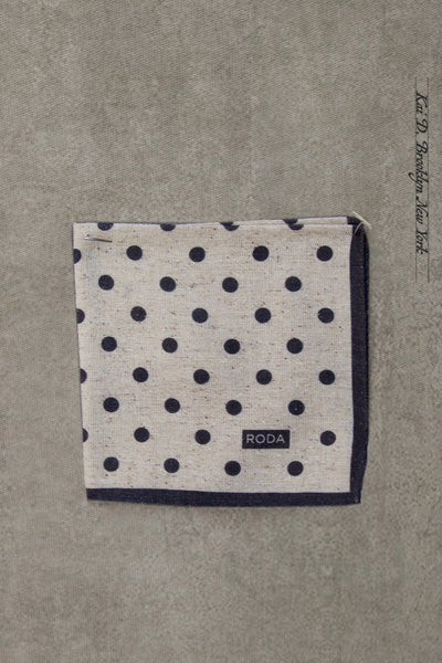 Light Silk Wool Pocket Square - Beige / Blue Polka Dots