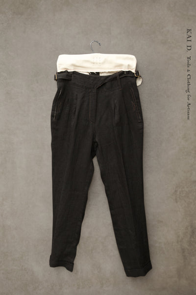 Isa Belted Pants - Black Linen Herringbone - M, L