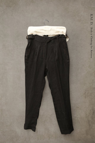 Isa Belted Pants - Black Linen Herringbone - M, L