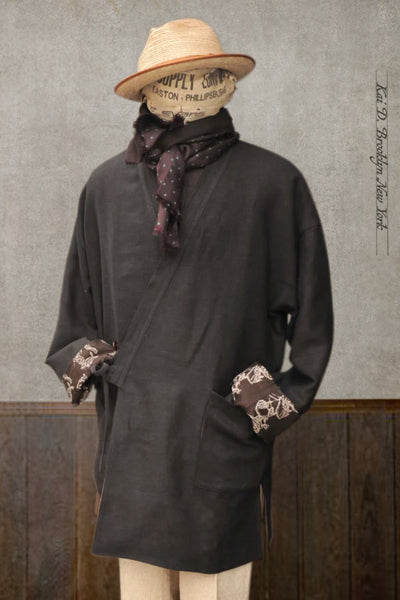 Kyoto Japanese Farmer Coat - Black Crosshatched Linen Twill - S, M (NO RETURN)