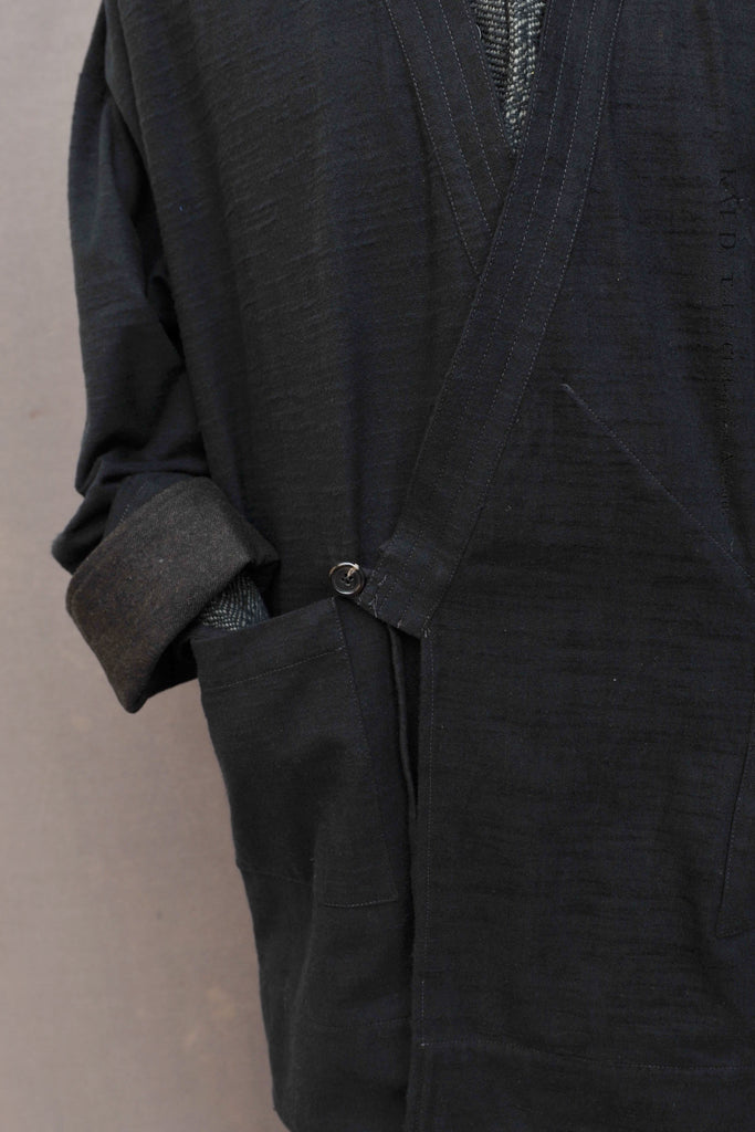Kai D Utility — Japanese Farmer Coat - Black Slub Cotton - S