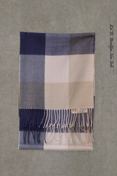Pure Cashmere Wool Scarf - Blue/Cream/Stone Square Plaid