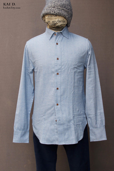 Italian Flannel Denham Shirt - Aspen Blue - M, L, XL (long sleeves and body length)