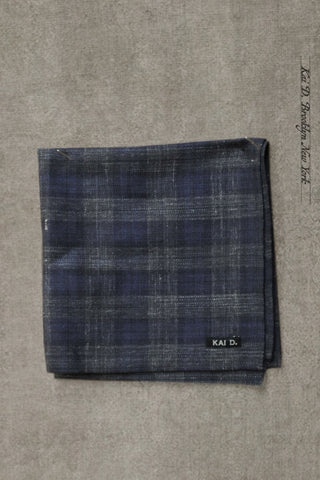Italian Linen Pocket Square - Deep Indigo Heather Plaid