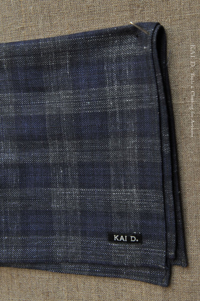 Italian Linen Pocket Square - Deep Indigo Heather Plaid