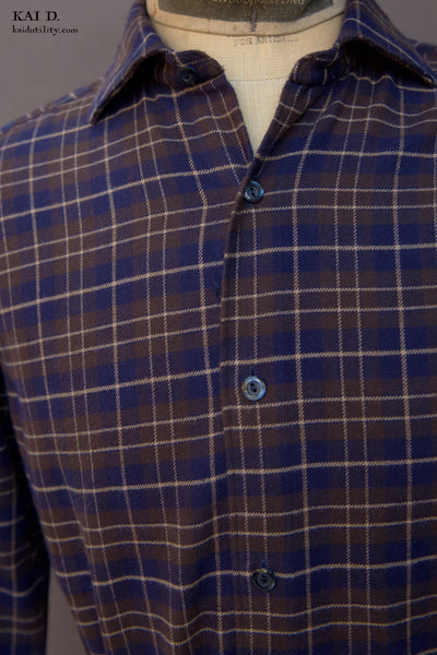Soft Cotton Plaid Shirt - Navy Brown Plaid - 39, 41, 43