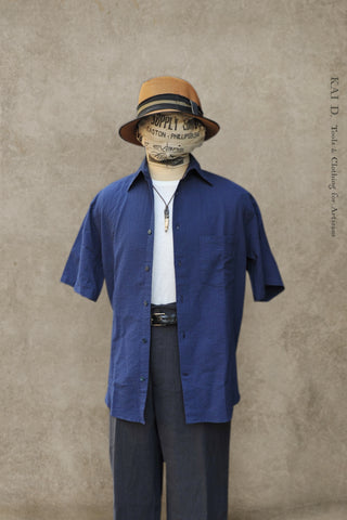 Oversized  Fit Short Sleeve Shirt - Blue Seersucker - M, L, XL