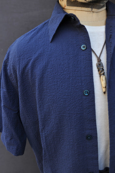 Oversized  Fit Short Sleeve Shirt - Blue Seersucker - M, L, XL