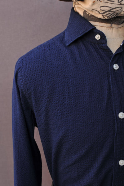Capri Seersucker Shirt -Dark Indigo - M, L, XL, XXL (Relaxed fit, longer body length, sleeve length)
