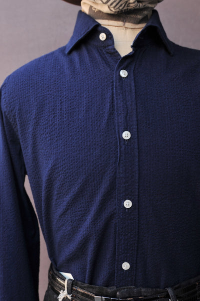 Capri Seersucker Shirt -Dark Indigo - M, L, XL, XXL (Relaxed fit, longer body length, sleeve length)