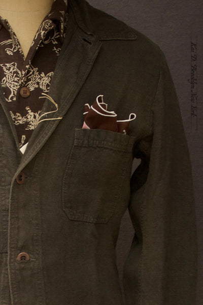 Vintage Linen Pocket Square - Dark Brown Pink Roses