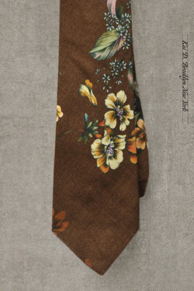 Linen Floral Tie - Dark Brown