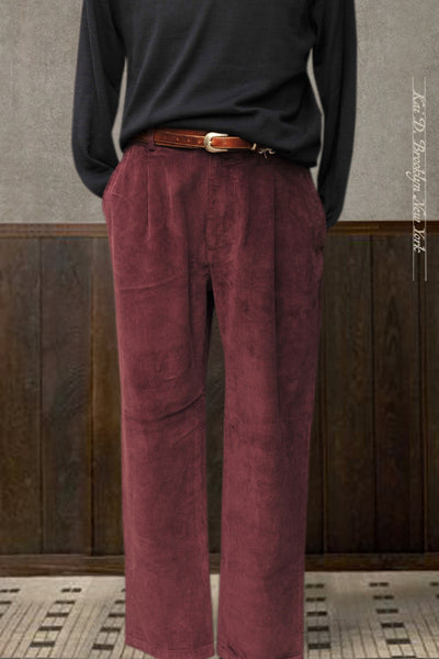 Oxnard One Pleat Pants - Burgundy Corduroy - 48, 50, 52