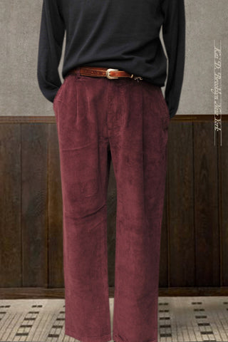 Oxnard One Pleat Pants - Burgundy Corduroy - 48, 50, 52