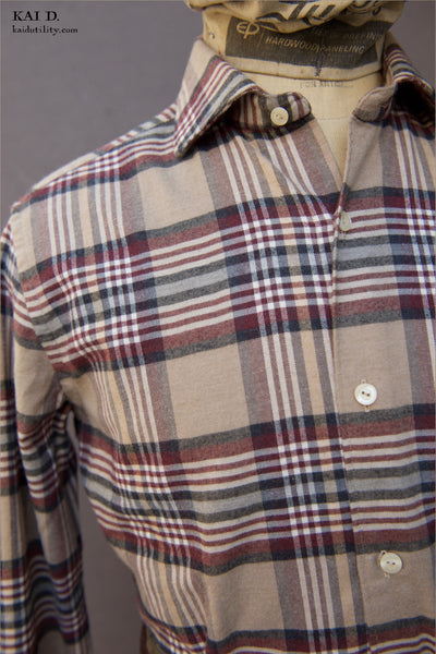 Cotton Cashmere Plaid Shirt - Burgundy Plaid - 39, 41, 43