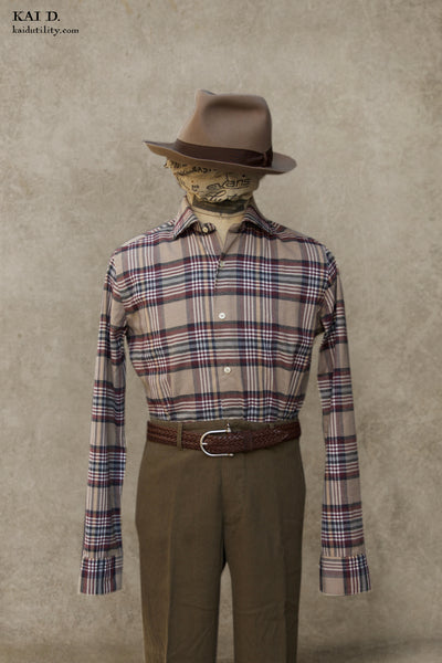 Cotton Cashmere Plaid Shirt - Burgundy Plaid - 39, 41, 43