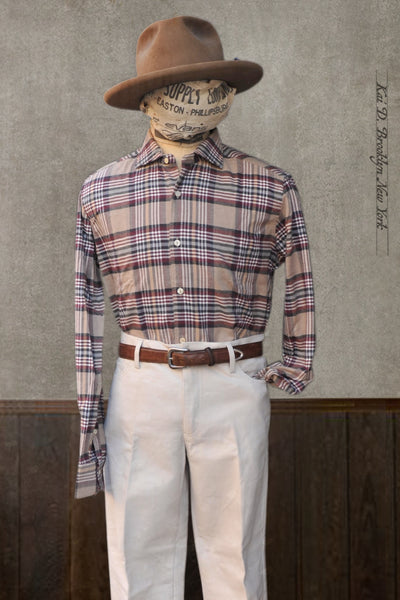 Cotton Cashmere Plaid Shirt - Burgundy Plaid - 41