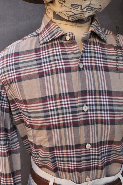 Cotton Cashmere Plaid Shirt - Burgundy Plaid - 41