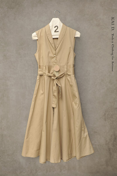 Carmela Long Sleeveless Dress - Khaki Cotton Twill - S, M, L