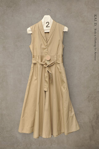 Carmela Long Sleeveless Dress - Khaki Cotton Twill - S, M, L