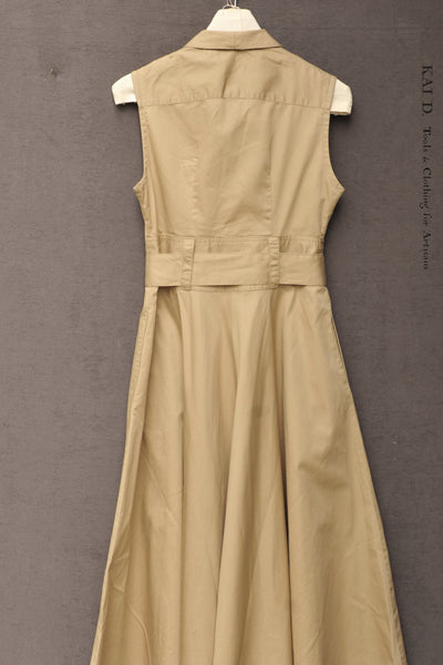 Carmela Long Sleeveless Dress - Khaki Cotton Twill - S, M, L