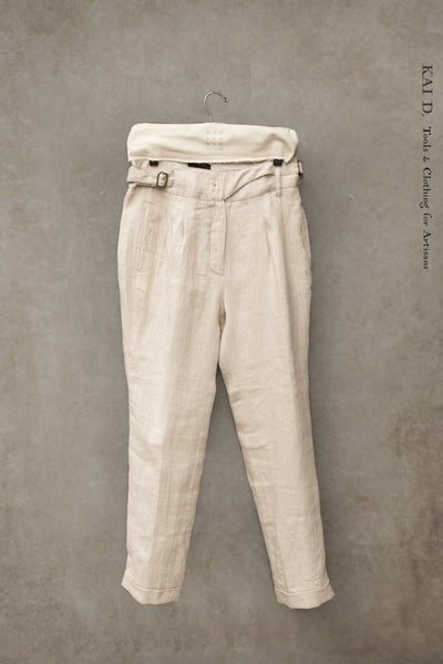 Isa Belted Pants - Cream Linen Herringbone - XS, S, M