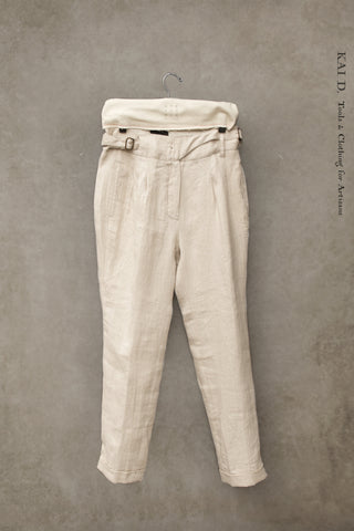 Isa Belted Pants - Cream Linen Herringbone - XS, S, M