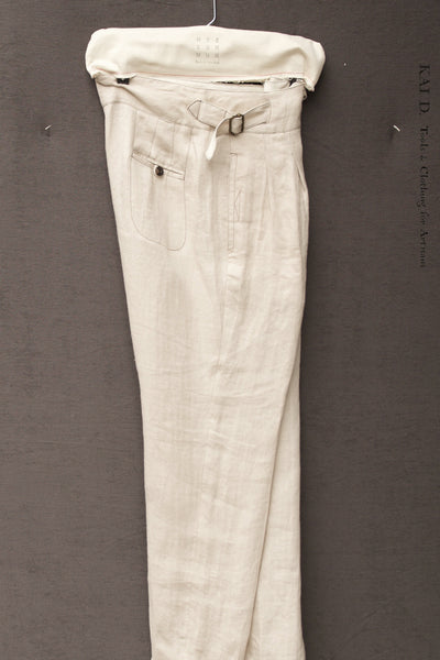 Isa Belted Pants - Cream Linen Herringbone - XS, S, M