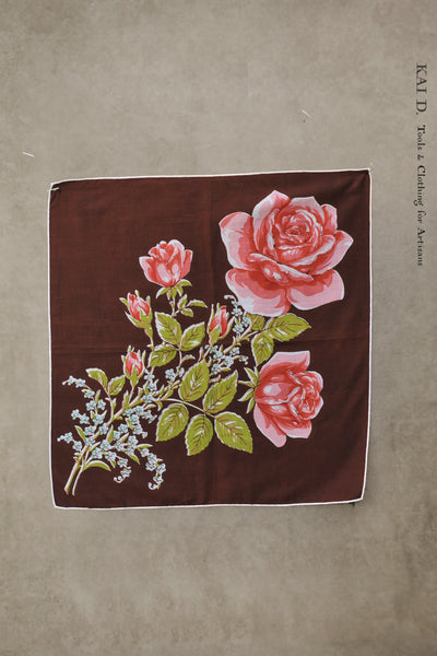 Vintage Linen Pocket Square - Dark Brown Pink Roses