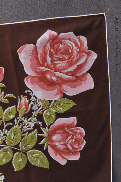 Vintage Linen Pocket Square - Dark Brown Pink Roses