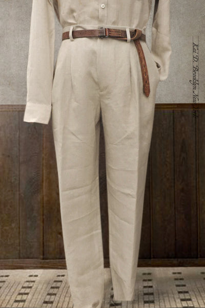 Double Pleat Belgian Linen Trousers - Flax - 46, 48