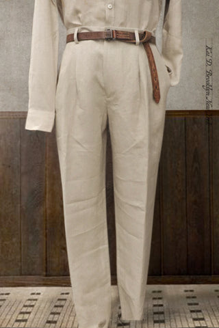 Double Pleat Belgian Linen Trousers - Flax - 46, 48