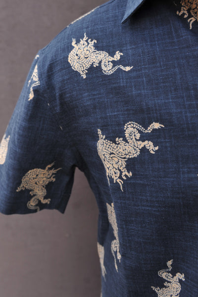 Cassady Shirt - Dragon Print Indigo Cotton - M, L, XL