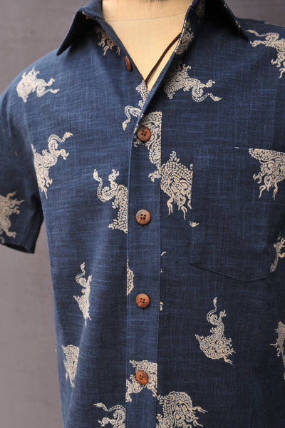 Cassady Shirt - Dragon Print Indigo Cotton - M, L, XL
