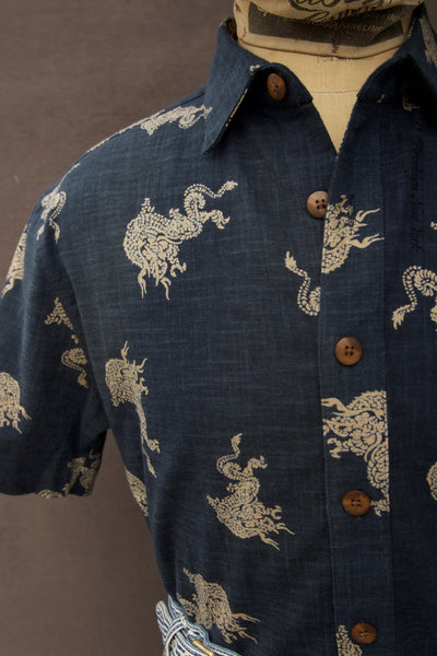 Cassady Shirt - Dragon Print Indigo Cotton - L, XL