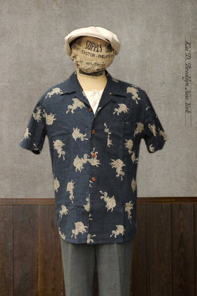 Slater Shirt - Dragon Print Indigo Cotton - M, L, XL, XXL