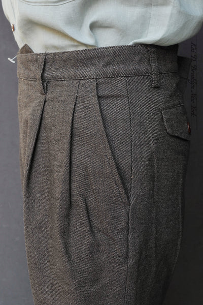 Enfield Pleated Trousers - Brown Cotton Tweed - 48, 50, 52