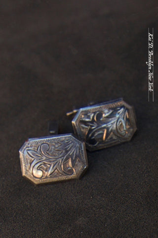 Vintage Cufflinks - 950 Silver - Hand Engraved Floral