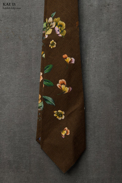 Linen Floral Tie - Dark Brown