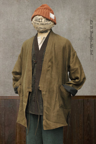 Kyoto Japanese Farmer Coat - Green Crosshatched Linen Twill - M (NO RETURN)
