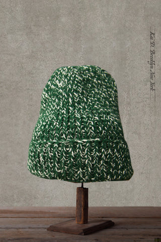 Hand Knit Tall Beanie - Green/Natural Twist