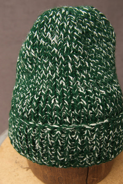 Hand Knit Tall Beanie - Green/Natural Twist